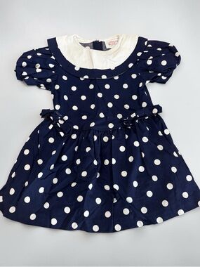 Navy Blue Polka Dot Girls Dress with White Collar